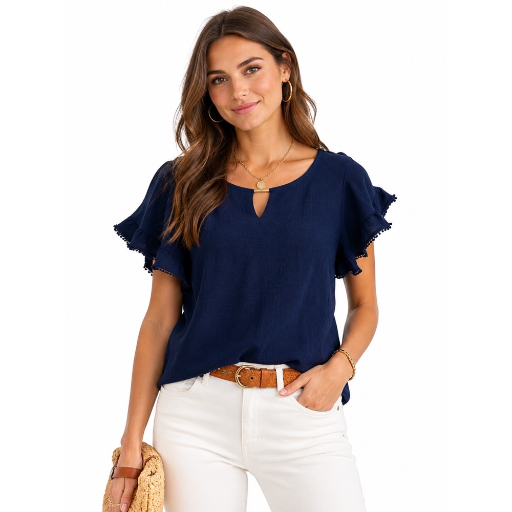 JM Collection Navy Blue Ruffle Sleeve Keyhole Gold Bar Blouse XL